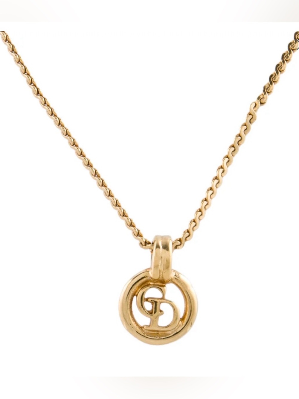DIOR Gold Necklace Christian Dior CD Logo Round Pendant Necklace 17” Length